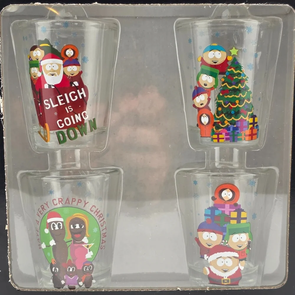 SOUTH PARK Christmas Shot Glass Set‎ (4) 1.8 fl oz ea Cartman, Kyle, Stan, Kenny